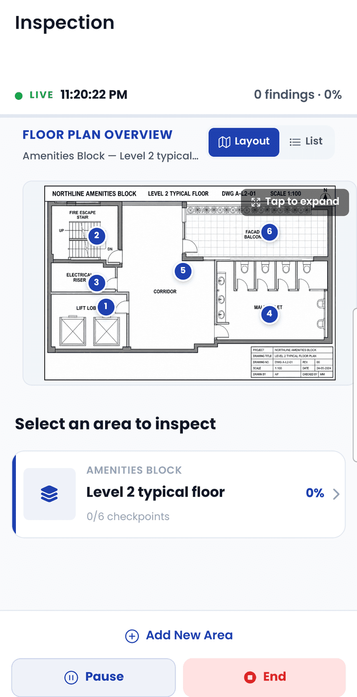 Layout-based inspection on the phone: floor plan with numbered checkpoints
