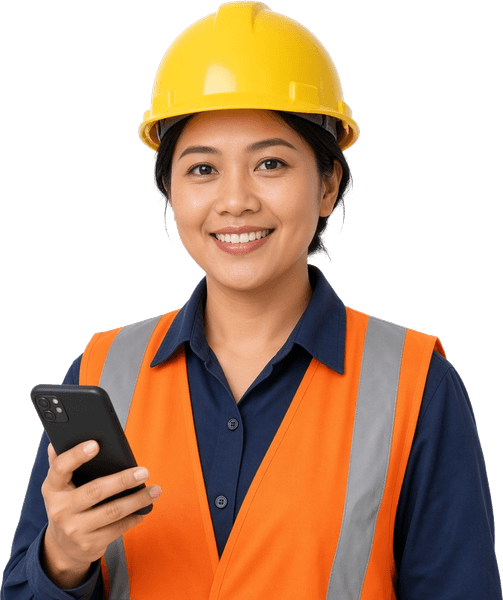 Site inspector in a yellow hard hat and orange vest holding a phone