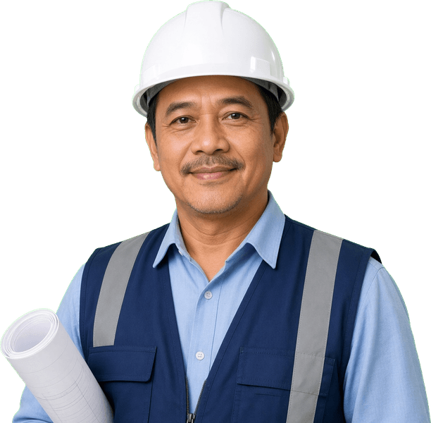 Construction project manager in a white hard hat holding a rolled drawing